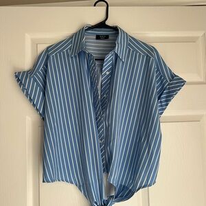 Vici Sky Blue Striped Tie-Front Blouse